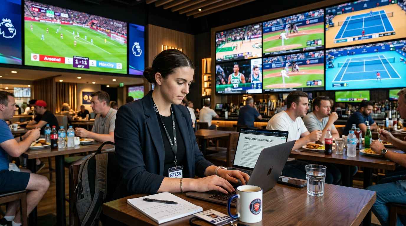 Journalist at laptop in sports bar